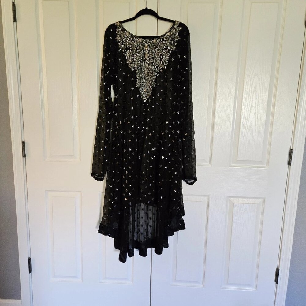 Embroidered Salwar Kameez Dupatta Scarf Black Silver Chiffon Party Wear Dress